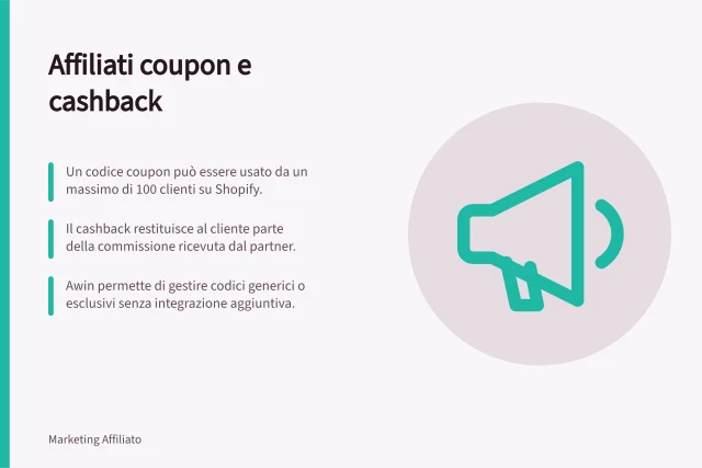 Affiliati coupon e cashback: Un codice coupon può essere usato da un massimo di 100 clienti su Shopify.; Il cashback restituisce al cliente parte della commissione ricevuta dal partner.; Awin permette di gestire codici generici o esclusivi senza integrazione aggiuntiva. Affiliati coupon e cashback