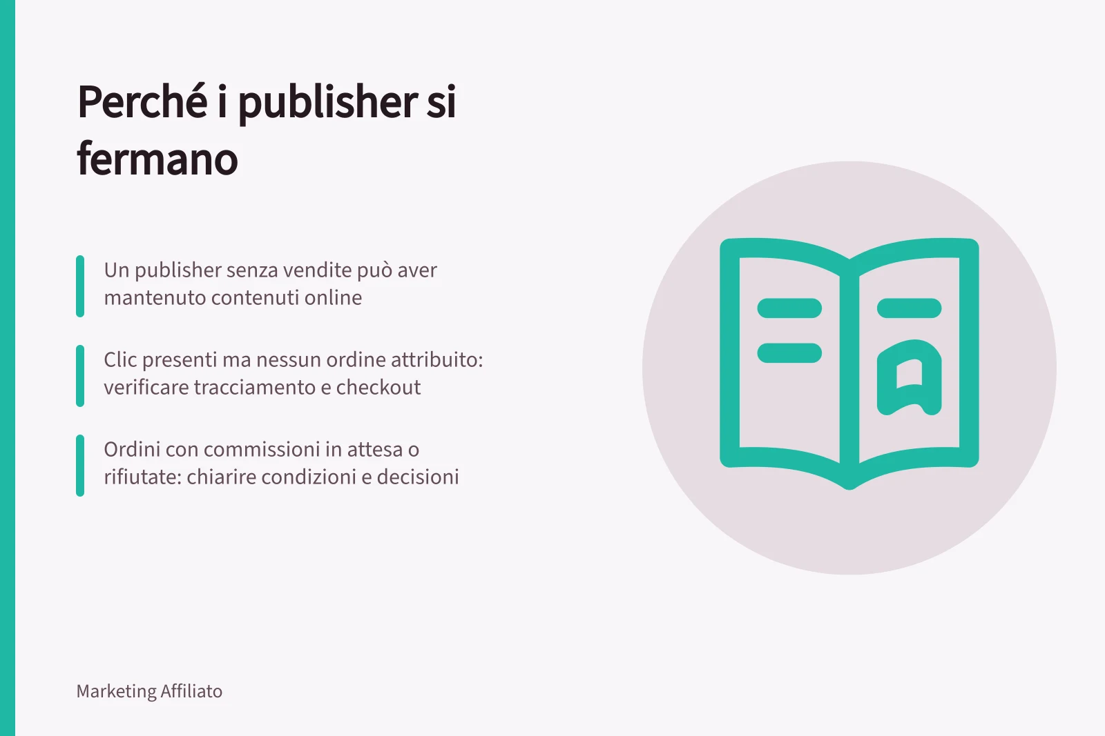 Perché i publisher si fermano: Un publisher senza vendite può aver mantenuto contenuti online; Clic presenti ma nessun ordine attribuito: verificare tracciamento e checkout; Ordini con commissioni in attesa o rifiutate: chiarire condizioni e decisioni