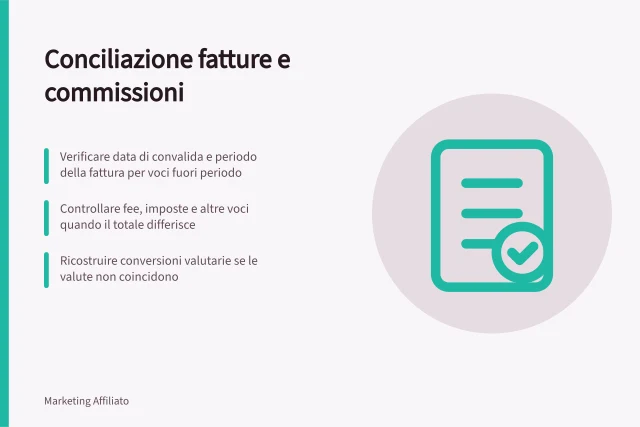 Conciliazione fatture e commissioni: Verificare data di convalida e periodo della fattura per voci fuori periodo; Controllare fee, imposte e altre voci quando il totale differisce; Ricostruire conversioni valutarie se le valute non coincidono. Conciliare fatture e commissioni confermate