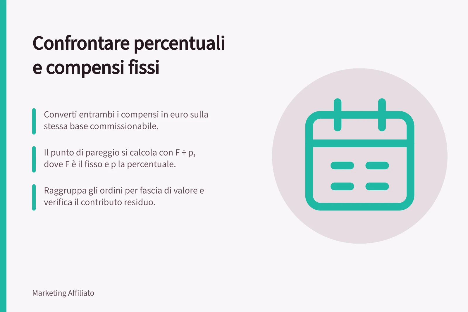 Confrontare percentuali e compensi fissi: Converti entrambi i compensi in euro sulla stessa base commissionabile.; Il punto di pareggio si calcola con F ÷ p, dove F è il fisso e p la percentuale.; Raggruppa gli ordini per fascia di valore e verifica il contributo residuo.