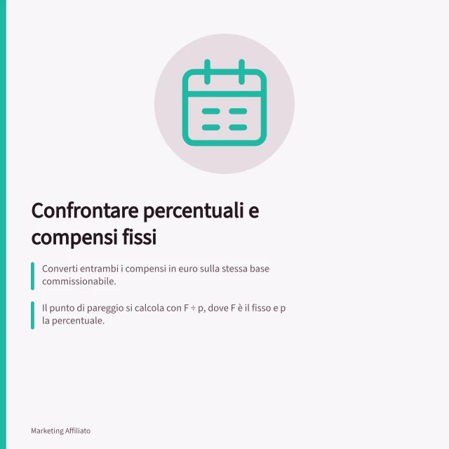 Confrontare percentuali e compensi fissi: Converti entrambi i compensi in euro sulla stessa base commissionabile.; Il punto di pareggio si calcola con F ÷ p, dove F è il fisso e p la percentuale.; Raggruppa gli ordini per fascia di valore e verifica il contributo residuo. Confrontare percentuali e compensi fissi