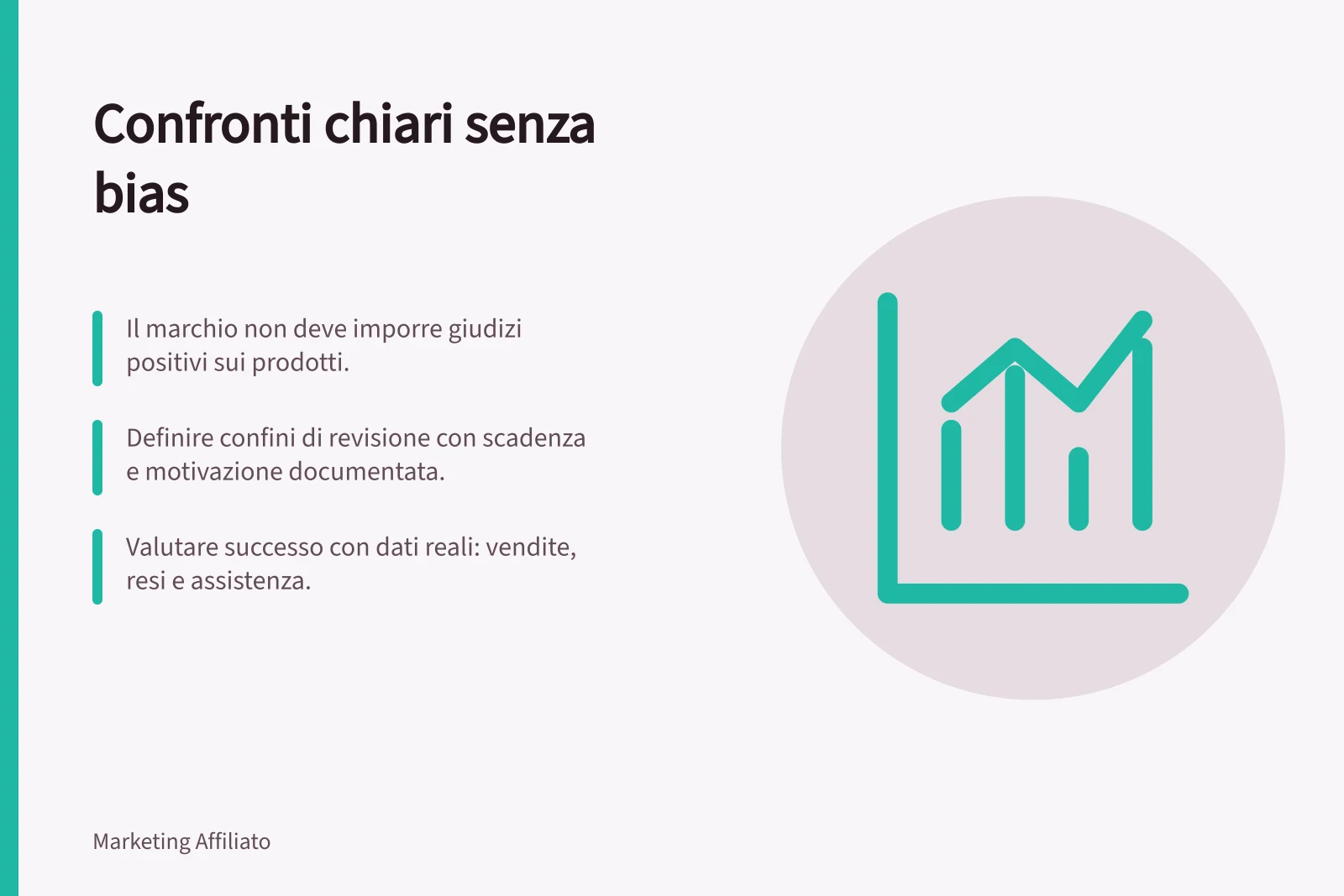 Confronti chiari senza bias: Il marchio non deve imporre giudizi positivi sui prodotti.; Definire confini di revisione con scadenza e motivazione documentata.; Valutare successo con dati reali: vendite, resi e assistenza.