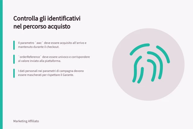 Controlla gli identificativi nel percorso acquisto: Il parametro `awc` deve essere acquisito all'arrivo e mantenuto durante il checkout.; `orderReference` deve essere univoco e corrispondere al valore inviato alla piattaforma.; I dati personali nei parametri di campagna devono essere mascherati per rispettare il Garante. Controllare gli identificativi lungo il percorso di acquisto