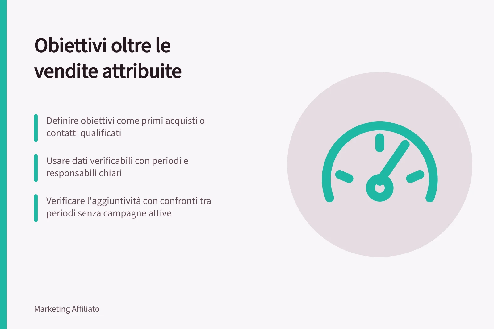 Obiettivi oltre le vendite attribuite: Definire obiettivi come primi acquisti o contatti qualificati; Usare dati verificabili con periodi e responsabili chiari; Verificare l'aggiuntività con confronti tra periodi senza campagne attive