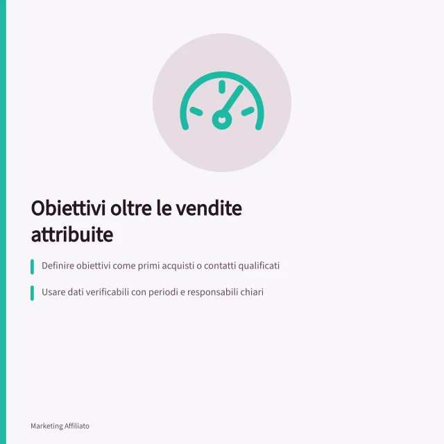 Obiettivi oltre le vendite attribuite: Definire obiettivi come primi acquisti o contatti qualificati; Usare dati verificabili con periodi e responsabili chiari; Verificare l'aggiuntività con confronti tra periodi senza campagne attive. Definire un obiettivo oltre le vendite attribuite