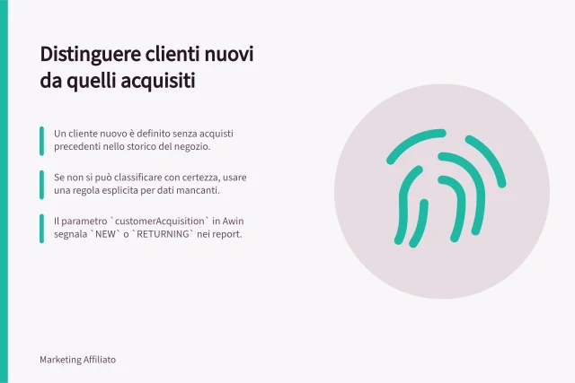 Distinguere clienti nuovi da quelli acquisiti: Un cliente nuovo è definito senza acquisti precedenti nello storico del negozio.; Se non si può classificare con certezza, usare una regola esplicita per dati mancanti.; Il parametro `customerAcquisition` in Awin segnala `NEW` o `RETURNING` nei report. Distinguere nuovi clienti e clienti già acquisiti