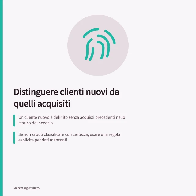 Distinguere clienti nuovi da quelli acquisiti: Un cliente nuovo è definito senza acquisti precedenti nello storico del negozio.; Se non si può classificare con certezza, usare una regola esplicita per dati mancanti.; Il parametro `customerAcquisition` in Awin segnala `NEW` o `RETURNING` nei report. Distinguere nuovi clienti e clienti già acquisiti