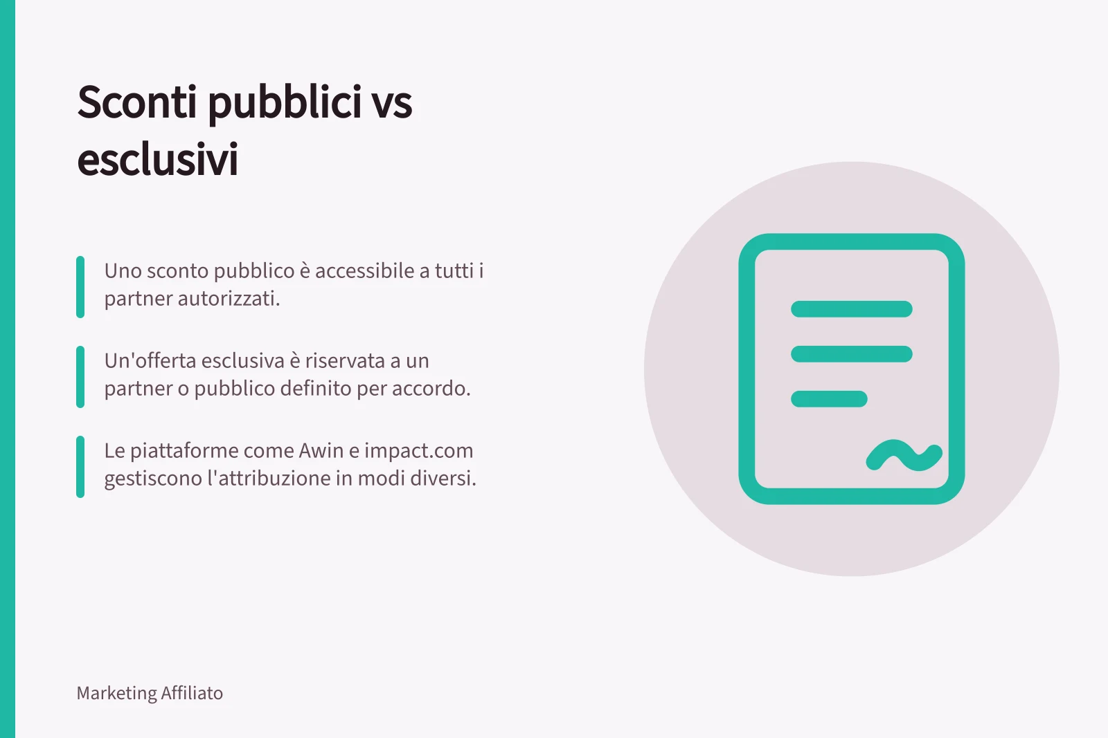 Sconti pubblici vs esclusivi: Uno sconto pubblico è accessibile a tutti i partner autorizzati.; Un'offerta esclusiva è riservata a un partner o pubblico definito per accordo.; Le piattaforme come Awin e impact.com gestiscono l'attribuzione in modi diversi.