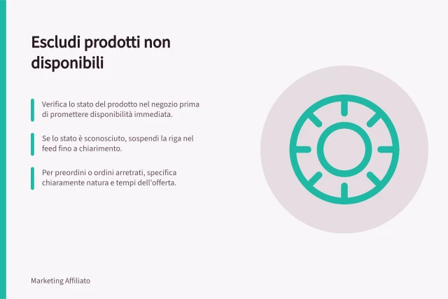 Escludi prodotti non disponibili: Verifica lo stato del prodotto nel negozio prima di promettere disponibilità immediata.; Se lo stato è sconosciuto, sospendi la riga nel feed fino a chiarimento.; Per preordini o ordini arretrati, specifica chiaramente natura e tempi dell'offerta. Escludere prodotti non disponibili