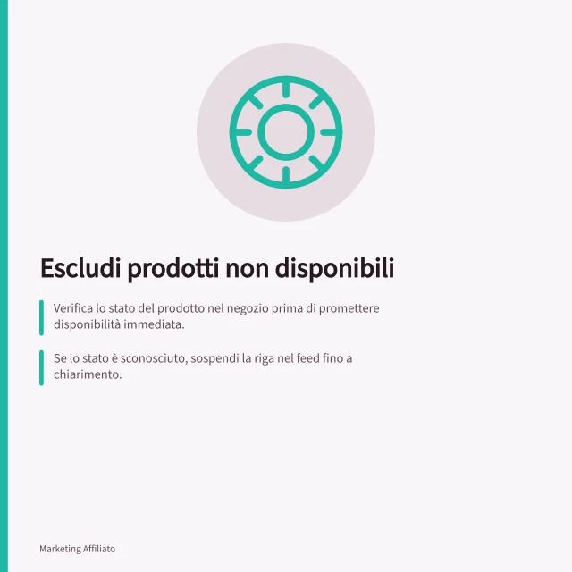 Escludi prodotti non disponibili: Verifica lo stato del prodotto nel negozio prima di promettere disponibilità immediata.; Se lo stato è sconosciuto, sospendi la riga nel feed fino a chiarimento.; Per preordini o ordini arretrati, specifica chiaramente natura e tempi dell'offerta. Escludere prodotti non disponibili