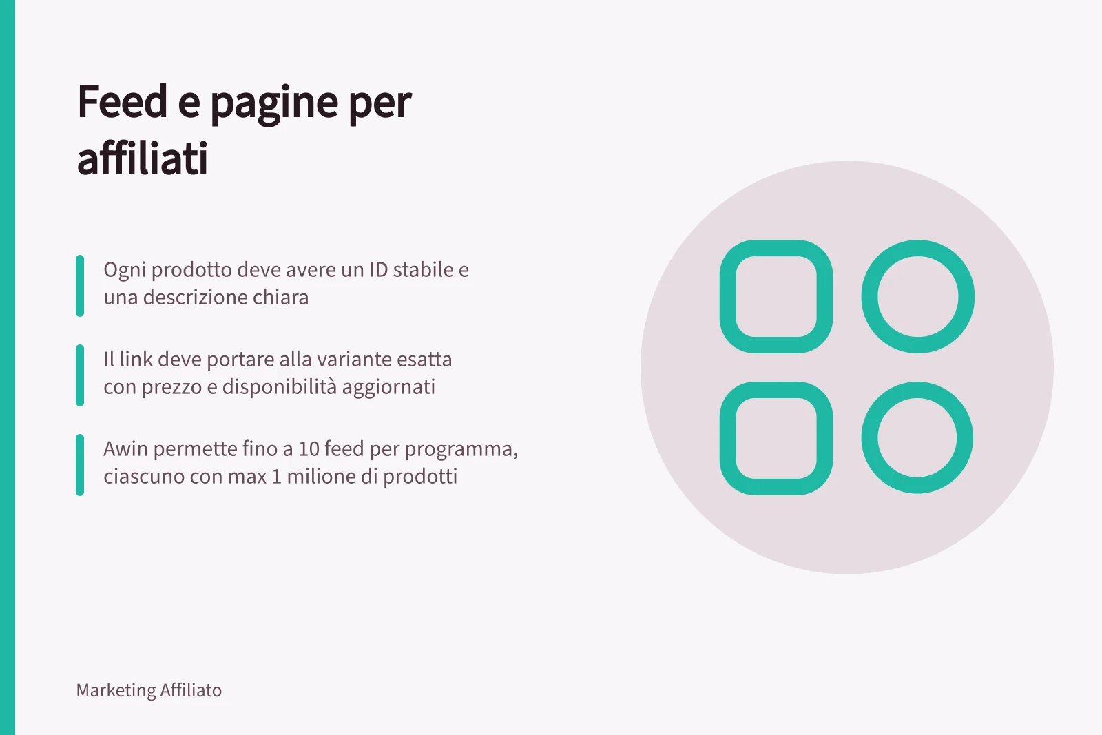Feed e pagine per affiliati: Ogni prodotto deve avere un ID stabile e una descrizione chiara; Il link deve portare alla variante esatta con prezzo e disponibilità aggiornati; Awin permette fino a 10 feed per programma, ciascuno con max 1 milione di prodotti