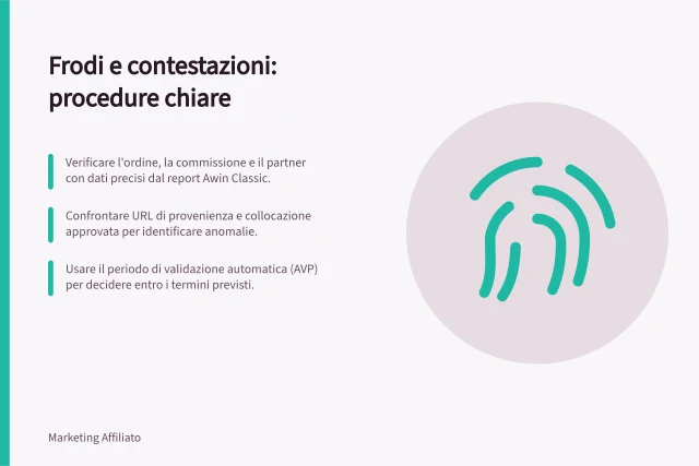 Frodi e contestazioni: procedure chiare: Verificare l'ordine, la commissione e il partner con dati precisi dal report Awin Classic.; Confrontare URL di provenienza e collocazione approvata per identificare anomalie.; Usare il periodo di validazione automatica (AVP) per decidere entro i termini previsti. Frodi e contestazioni