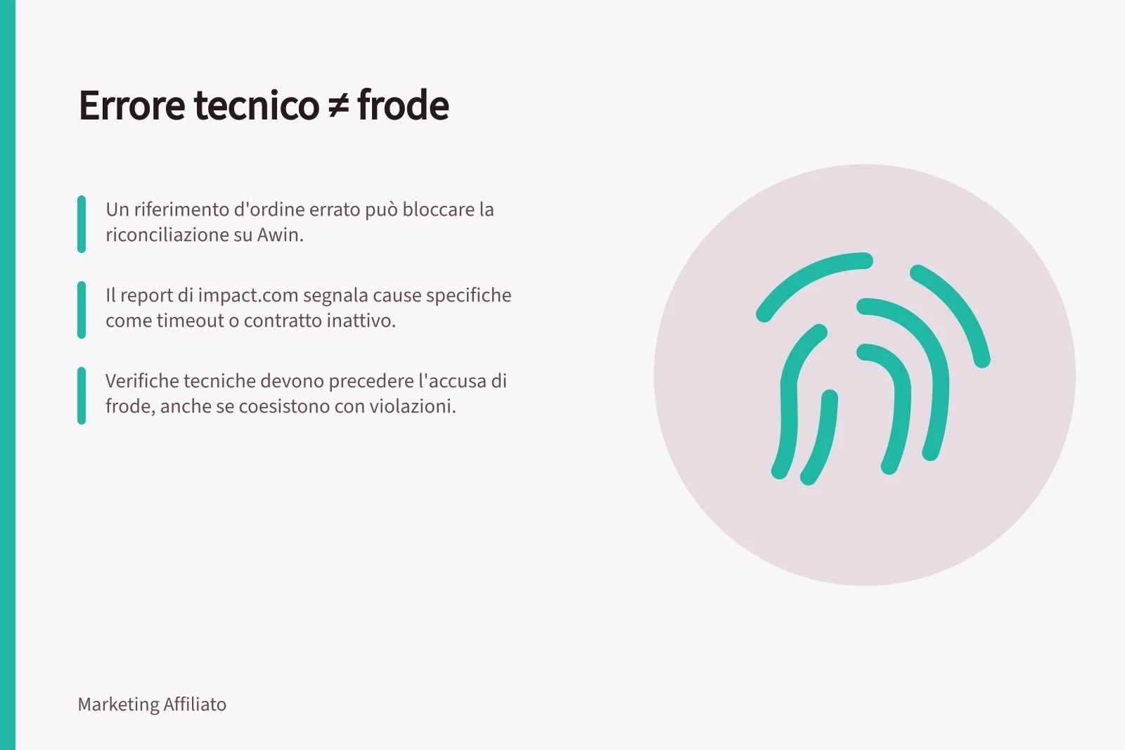Errore tecnico ≠ frode: Un riferimento d'ordine errato può bloccare la riconciliazione su Awin.; Il report di impact.com segnala cause specifiche come timeout o contratto inattivo.; Verifiche tecniche devono precedere l'accusa di frode, anche se coesistono con violazioni.