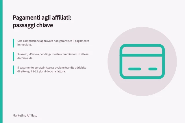 Pagamenti agli affiliati: passaggi chiave: Una commissione approvata non garantisce il pagamento immediato.; Su Awin, «Review pending» mostra commissioni in attesa di convalida.; Il pagamento per Awin Access avviene tramite addebito diretto ogni 8-12 giorni dopo la fattura. Pagamenti agli affiliati