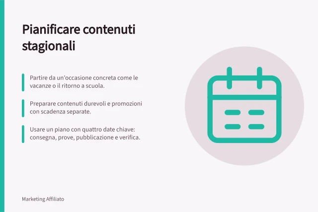 Pianificare contenuti stagionali: Partire da un'occasione concreta come le vacanze o il ritorno a scuola.; Preparare contenuti durevoli e promozioni con scadenza separate.; Usare un piano con quattro date chiave: consegna, prove, pubblicazione e verifica. Pianificare contenuti stagionali