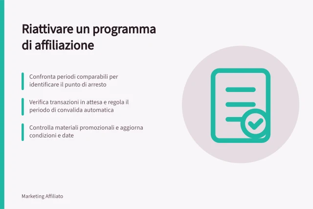 Riattivare un programma di affiliazione: Confronta periodi comparabili per identificare il punto di arresto; Verifica transazioni in attesa e regola il periodo di convalida automatica; Controlla materiali promozionali e aggiorna condizioni e date. Riattivare e migliorare un programma di affiliazione
