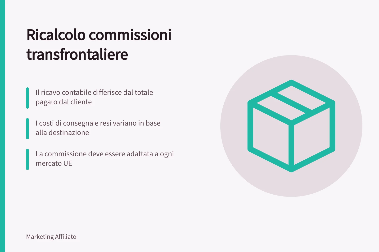 Ricalcolo commissioni transfrontaliere: Il ricavo contabile differisce dal totale pagato dal cliente; I costi di consegna e resi variano in base alla destinazione; La commissione deve essere adattata a ogni mercato UE