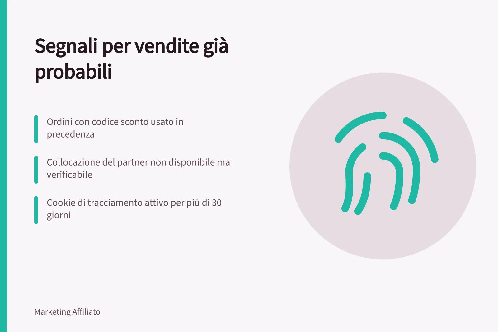 Segnali per vendite già probabili: Ordini con codice sconto usato in precedenza; Collocazione del partner non disponibile ma verificabile; Cookie di tracciamento attivo per più di 30 giorni