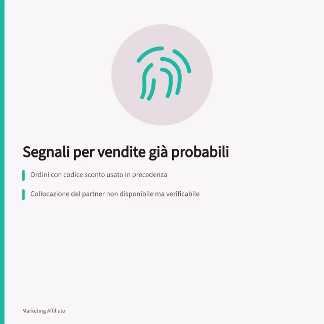Segnali per vendite già probabili: Ordini con codice sconto usato in precedenza; Collocazione del partner non disponibile ma verificabile; Cookie di tracciamento attivo per più di 30 giorni. Riconoscere vendite che sarebbero avvenute comunque: segnali