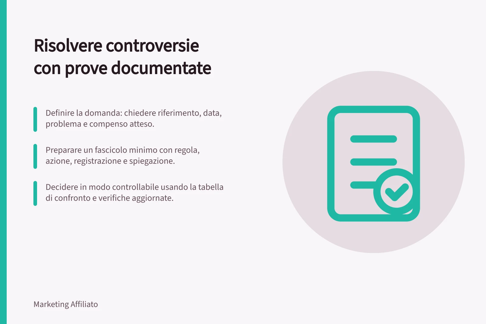 Risolvere controversie con prove documentate: Definire la domanda: chiedere riferimento, data, problema e compenso atteso.; Preparare un fascicolo minimo con regola, azione, registrazione e spiegazione.; Decidere in modo controllabile usando la tabella di confronto e verifiche aggiornate.