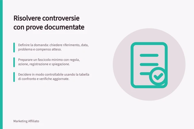 Risolvere controversie con prove documentate: Definire la domanda: chiedere riferimento, data, problema e compenso atteso.; Preparare un fascicolo minimo con regola, azione, registrazione e spiegazione.; Decidere in modo controllabile usando la tabella di confronto e verifiche aggiornate. Risolvere controversie attraverso prove documentate