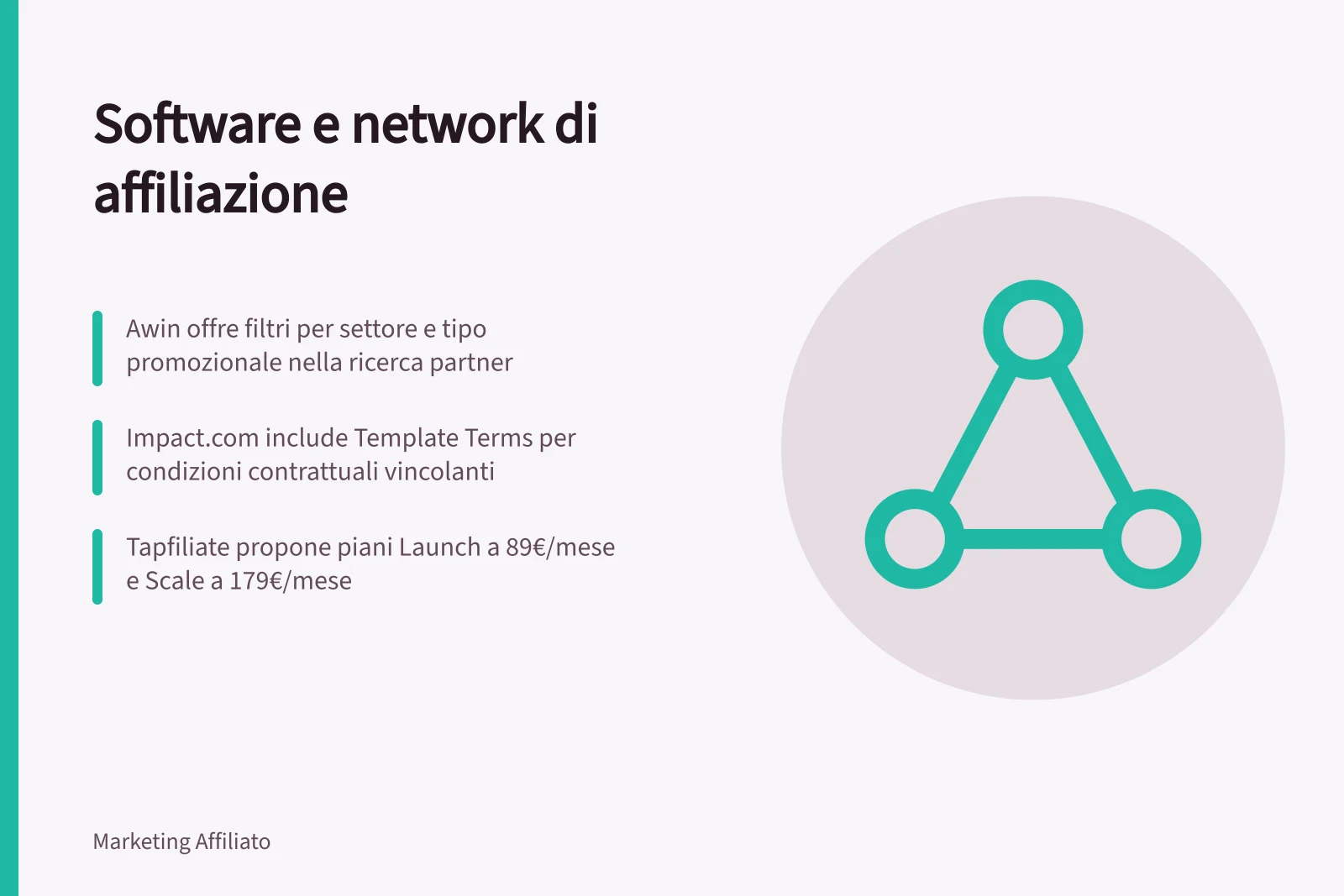 Software e network di affiliazione: Awin offre filtri per settore e tipo promozionale nella ricerca partner; impact.com include Template Terms per condizioni contrattuali vincolanti; Tapfiliate propone piani Launch a 89€/mese e Scale a 179€/mese