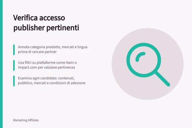 Verifica accesso publisher pertinenti: Annota categoria prodotto, mercati e lingua prima di cercare partner; Usa filtri su piattaforme come Awin o impact.com per valutare pertinenza; Esamina ogni candidato: contenuti, pubblico, mercati e condizioni di adesione. Verificare l'accesso a publisher pertinenti