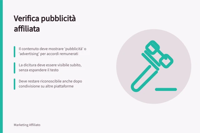 Verifica pubblicità affiliata: Il contenuto deve mostrare 'pubblicità' o 'advertising' per accordi remunerati; La dicitura deve essere visibile subito, senza espandere il testo; Deve restare riconoscibile anche dopo condivisione su altre piattaforme. Verificare le indicazioni richieste per la pubblicità