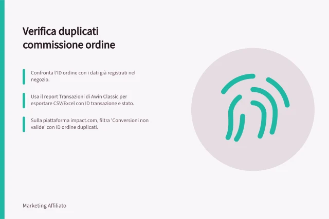 Verifica duplicati commissione ordine: Confronta l'ID ordine con i dati già registrati nel negozio.; Usa il report Transazioni di Awin Classic per esportare CSV/Excel con ID transazione e stato.; Sulla piattaforma impact.com, filtra 'Conversioni non valide' con ID ordine duplicati. Verificare richieste duplicate di commissione per ordine